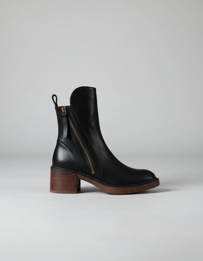 Skórzane botki na obcasie blokowym z zamkiem błyskawicznym