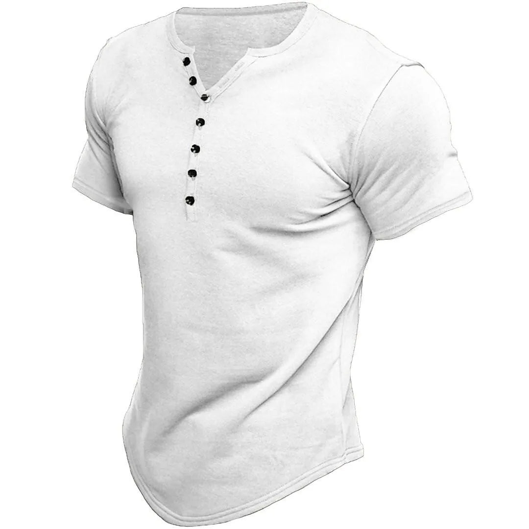 Max - Męska koszulka z krótkim rękawem w jednolitym kolorze, w stylu henley, casualowa, vintage
