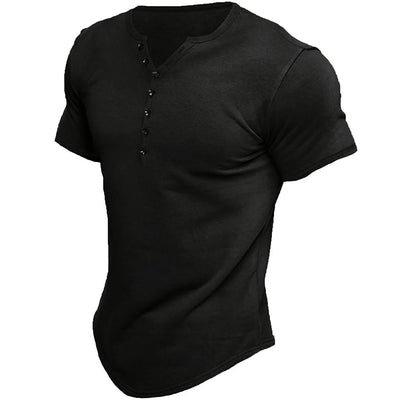 Max - Męska koszulka z krótkim rękawem w jednolitym kolorze, w stylu henley, casualowa, vintage