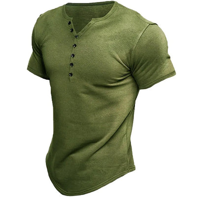 Max - Męska koszulka z krótkim rękawem w jednolitym kolorze, w stylu henley, casualowa, vintage