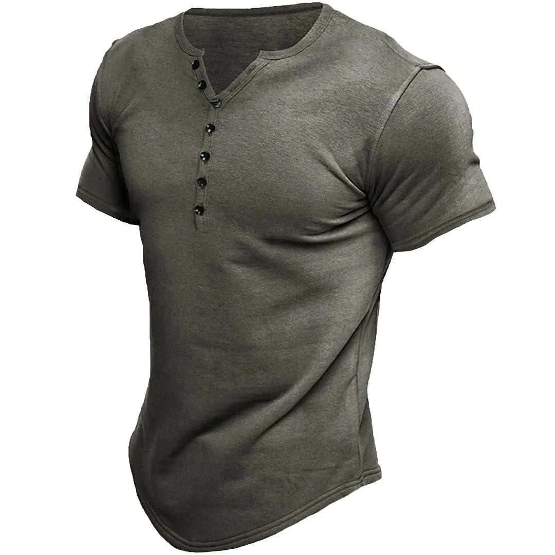 Max - Męska koszulka z krótkim rękawem w jednolitym kolorze, w stylu henley, casualowa, vintage