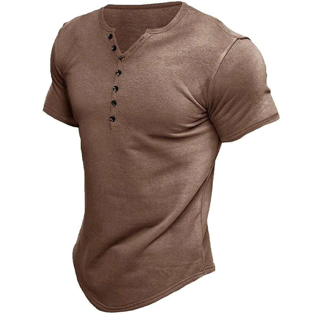 Max - Męska koszulka z krótkim rękawem w jednolitym kolorze, w stylu henley, casualowa, vintage